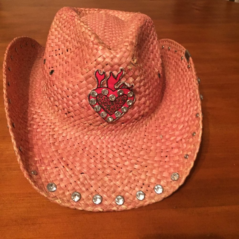 Peter Grimm Pink Hearts & Flames Straw Hat With Crystals